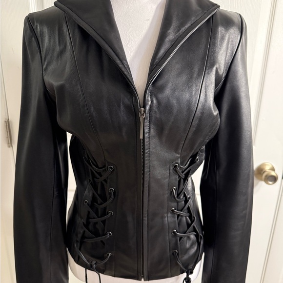 Cache Black Leather Jacket with Lace-Up Detail - Picture 1 of 9